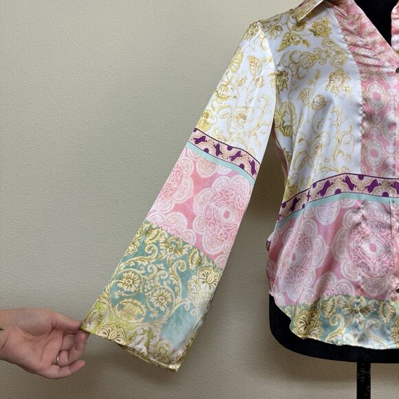 Zara blouse women small multicolor pastel satin feel trumpet long sleeve pink - Picture 3 of 12